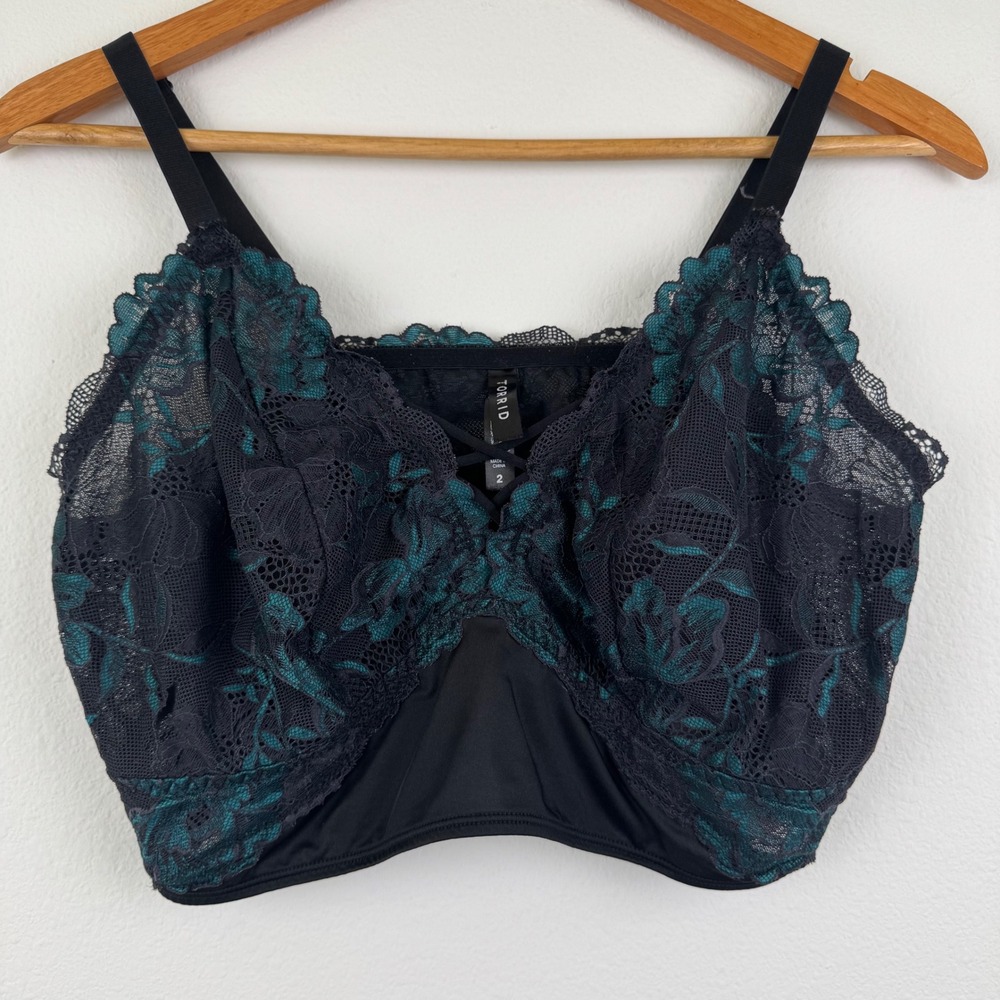 Torrid Bralette Womens 2X Black Teal Excellent Lace Lattice Longline Chic
